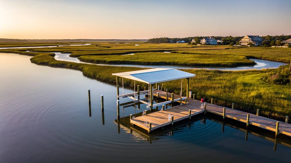 Aerial view of a dock and boat lift on the Intracoastal Waterway at sunset